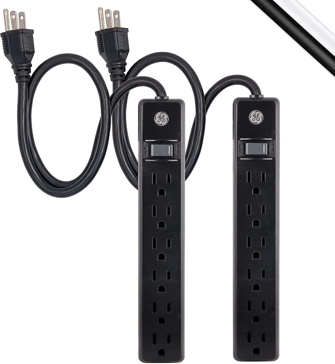 GE, White, 6 Outlet 2 Pack, 2 Ft Cord, Switched Power Strip, Integrated Circuit Breaker, Overload Protection, Wall Mountable, 3 Prong, UL Listed, 14833, Count