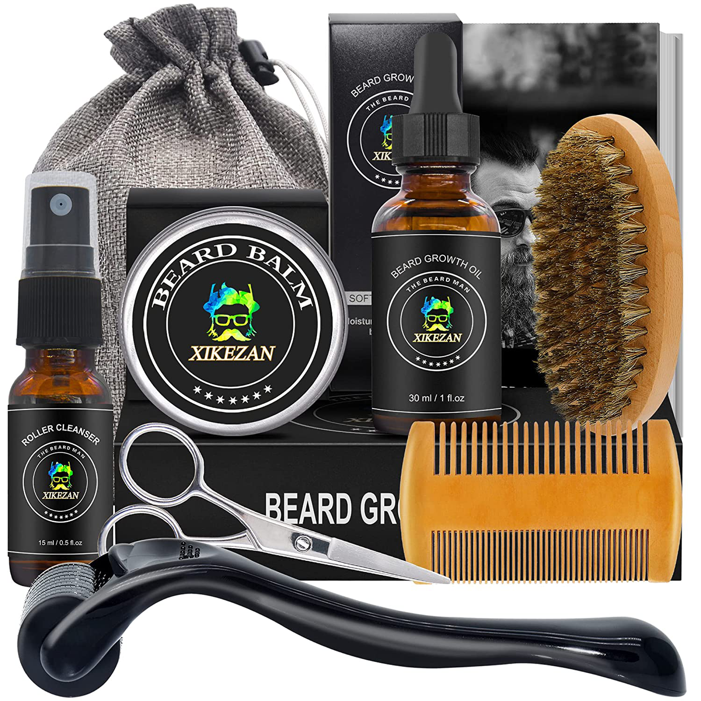 Beard Growth Kit,w/Beard Roller,Beard Growth Oil,Beard Balm,Beard Roller Cleanser,Comb,Brush,Scissor,Bag,E-Book,Beard Care Grooming Kit for Beard Growth,Stocking Stuffers Gifts for Men Him Husband Dad