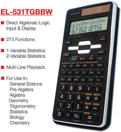 Sharp EL-531TGBBW 12-Digit Scientific/Engineering Calculator with Protective Hard Cover, Battery and Solar Hybrid Powered LCD Display, Great for Students and Professionals, Black,Black and White