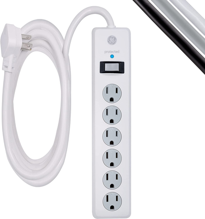 GE 6-Outlet Surge Protector, 10 Ft Extension Cord, Power Strip, 800 Joules, Flat Plug, Twist-To-Close Safety Covers, UL Listed, White, 14092