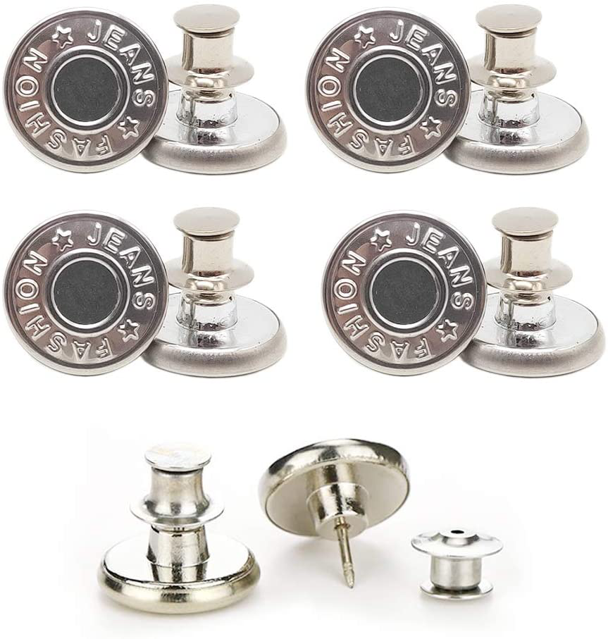 Button pins for Jeans, No Sew and No Tools Instant Jean Button Pins for Pants,4 Sets Replacement Buttons, Simple Installation, Reusable and Adjustable… (Silver)