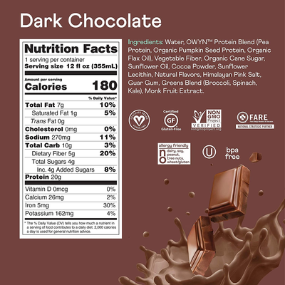 OWYN Plant Based Protein Shake, Dark Chocolate, with 20G Vegan Protein from Organic Pumpkin Seed, Flax, Pea Blend, Omega-3, Prebiotic Supplements and Superfoods Greens Blend for an All-In-One Nutritional Shake, Gluten and Soy-Free, Non-Gmo (12 Pack)