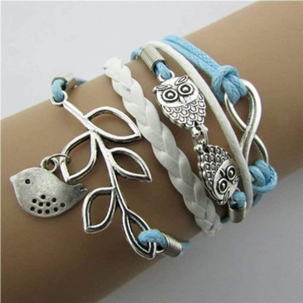 Hithop Vintage Handmade Infinity Silver 8 Owl Leaf Bird Leather Bracelet Wristband