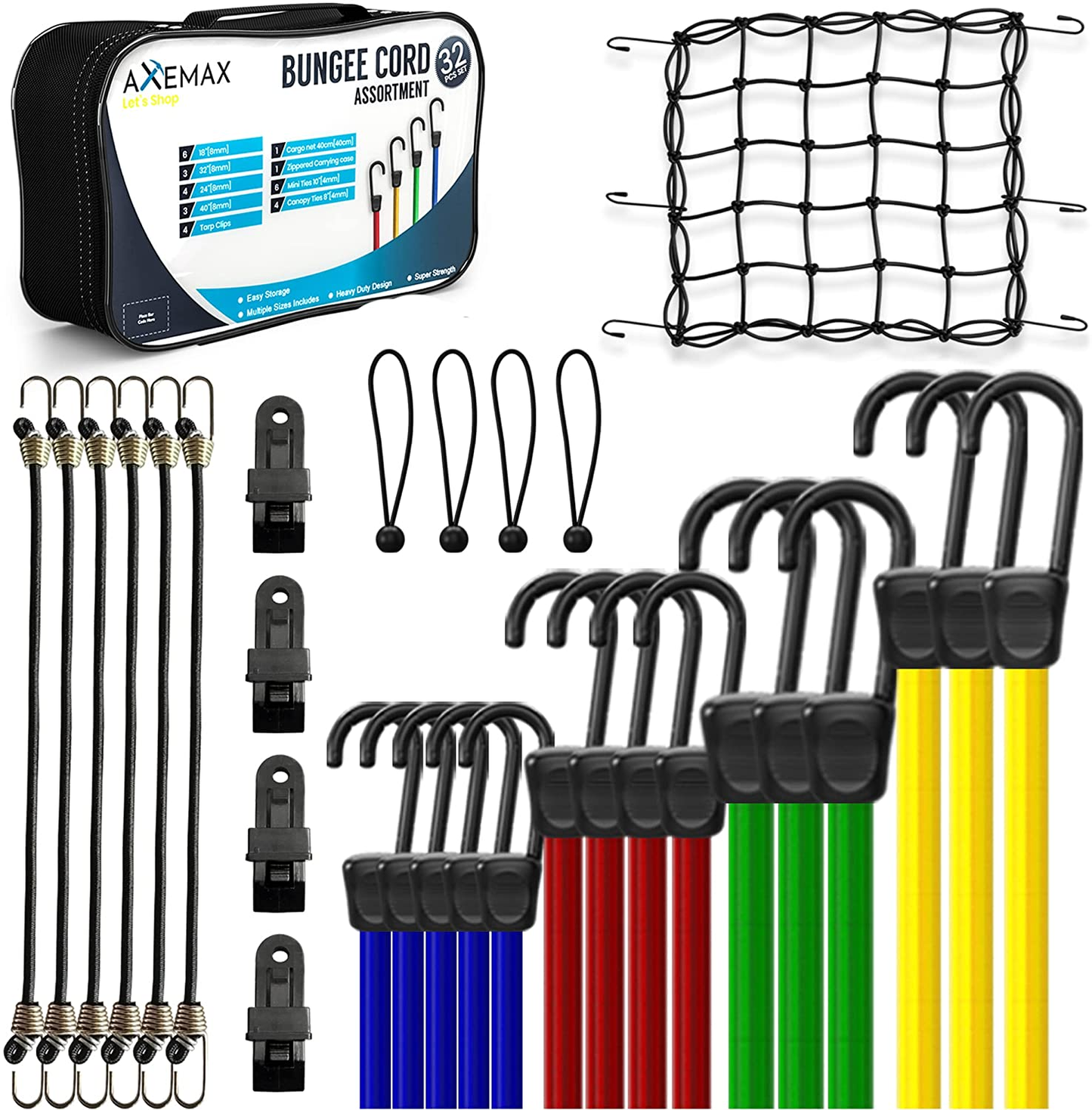 Bungee Cords 32 Pieces Assortment of Tarp Clips, Canopy Ties, Bungie Straps and Cargo Net with Heavy Duty Plastic Coated Metal Hooks -10,18,24,32,40 Inches