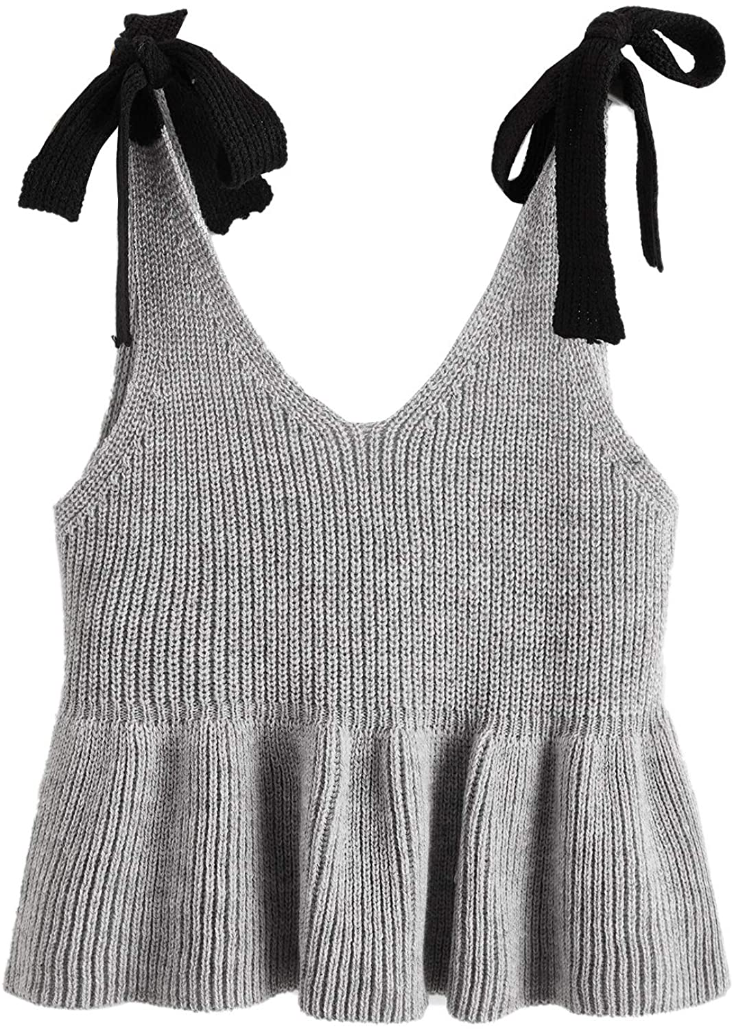 SweatyRocks Women's Casual Knit Top Sleeveless Ruffle Hem V Neck Peplum Crop Tank Top