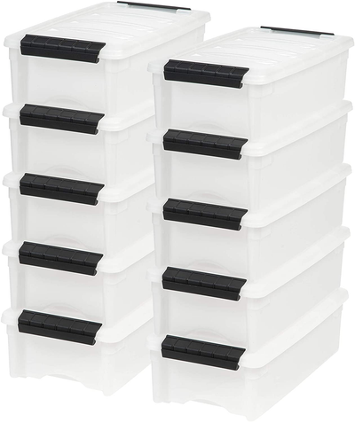 IRIS USA TB Pearl Plastic Storage Bin Tote Organizing Container with Durable Lid and Secure Latching Buckles, 27 Qt, 6 Count