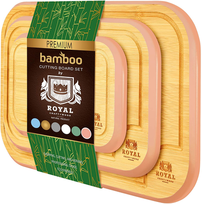 Bamboo Cutting Board Set with Juice Groove (3 Pieces) - Kitchen Chopping Board for Meat (Cutting Board) Cheese and Vegetables (Pink)