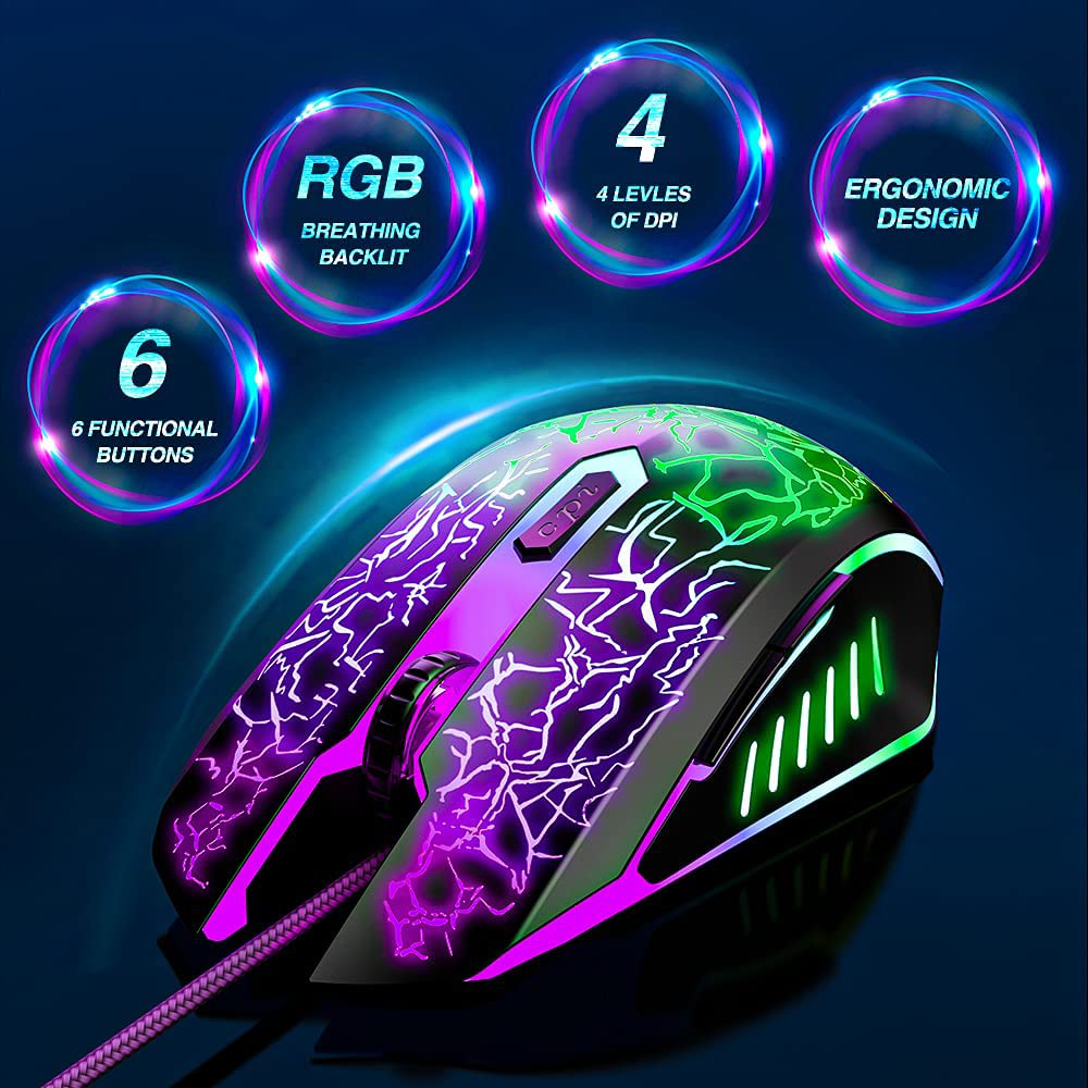 BENGOO Gaming Mouse Wired, USB Optical Computer Mice with RGB Backlit, 4 Adjustable DPI Up to 3600, Ergonomic Gamer Laptop PC Mouse with 6 Programmable Buttons for Windows 7/8/10/XP Vista Linux -Black