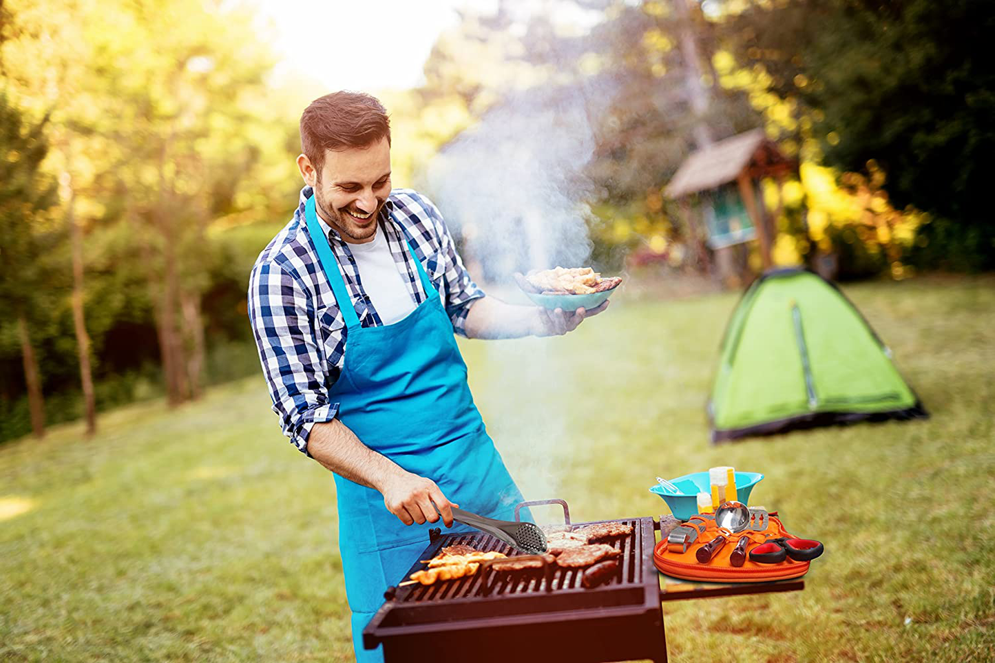 11 Piece Camp Kitchen Cooking Utensil Set Travel Organizer Grill Accessories Portable Compact Gear for Backpacking BBQ Camping Hiking Travel Cookware Kit Water Resistant Case