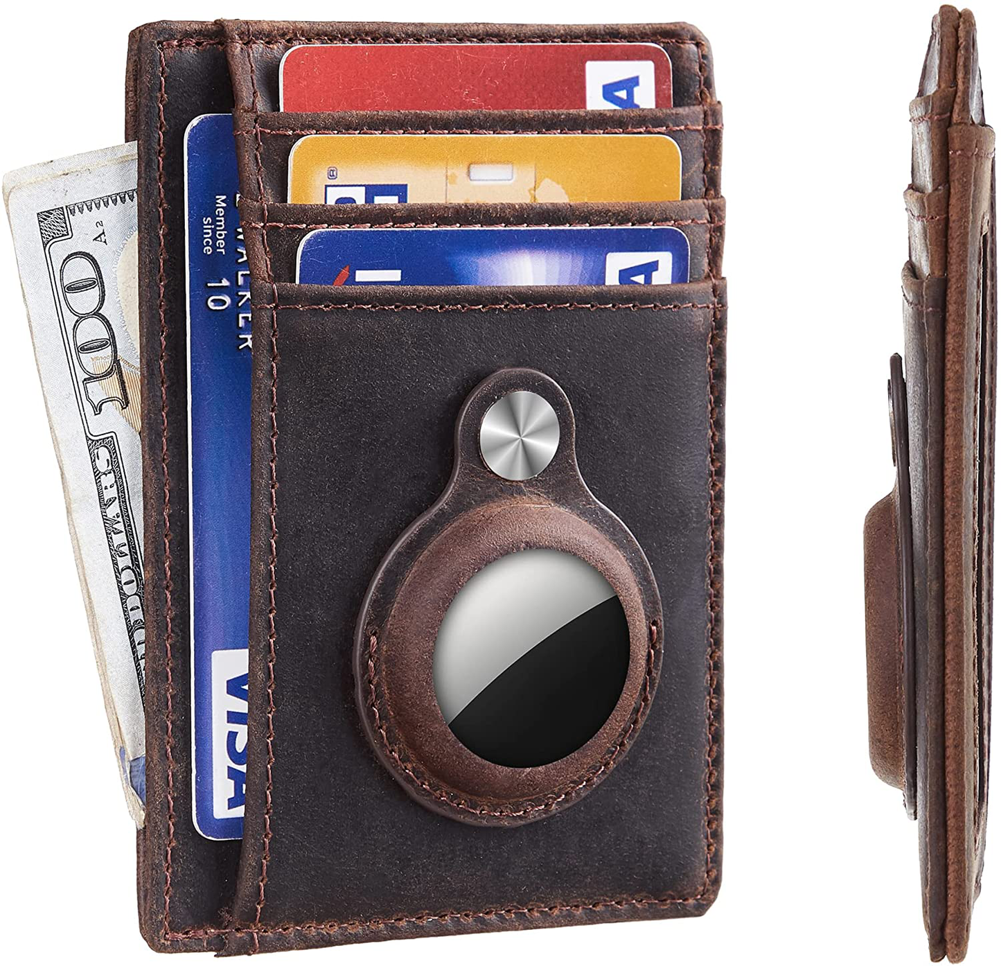 Hawanik Genuine Leather Slim Minimalist Front Pocket Wallet with Built-In Holder for Airtag