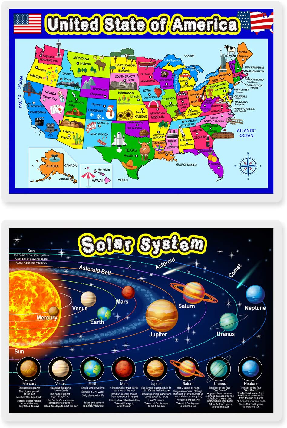 Fully Laminated Preschool Educational Posters for Kids and Toddlers, Nursery Homeschool Pre-K Kindergarten (4 Pieces, World Map, USA Map, Solar System, Human Body)