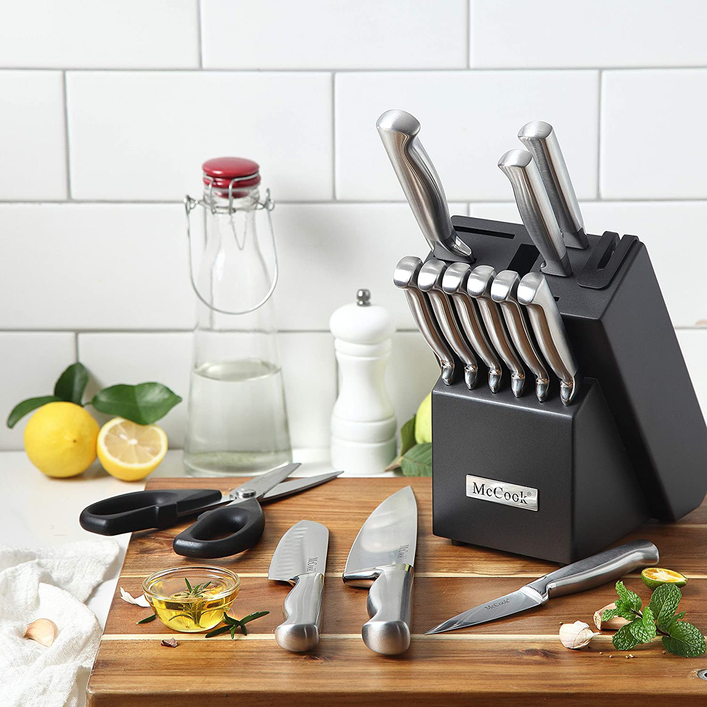 McCook MC29 Knife Sets,15 Pieces German Stainless Steel Kitchen Knife Block Sets with Built-in Sharpener