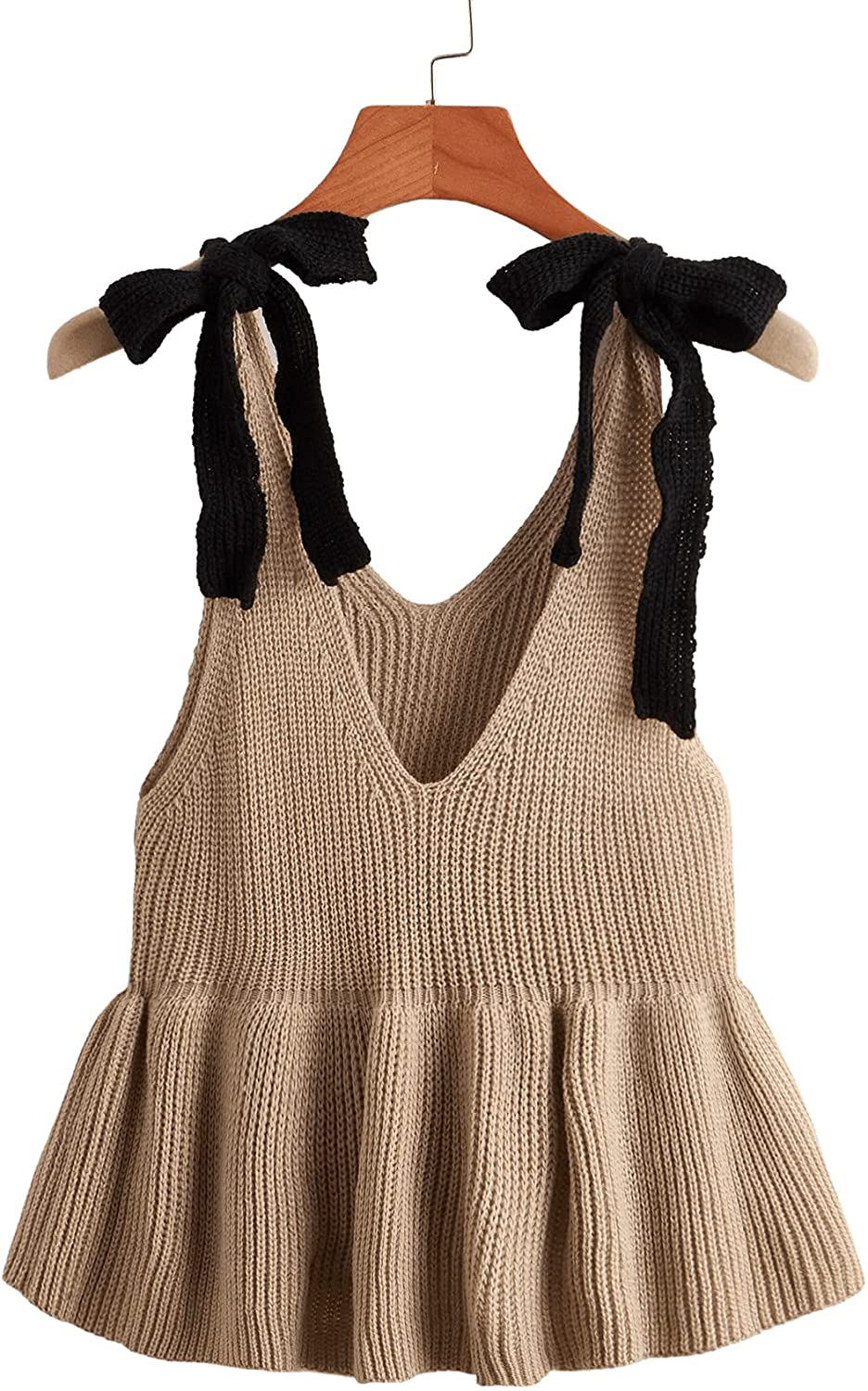 SweatyRocks Women's Casual Knit Top Sleeveless Ruffle Hem V Neck Peplum Crop Tank Top
