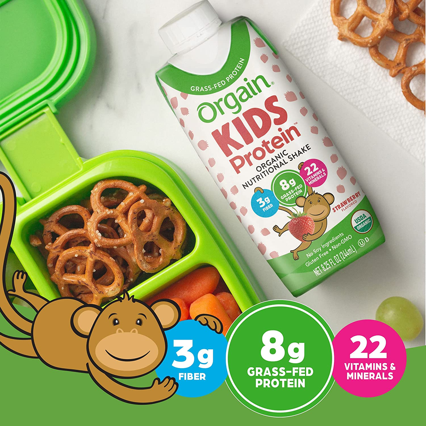 Orgain Organic Kids Protein Nutritional Shake, Strawberry - 8G of Protein, 22 Vitamins & Minerals, Fruits & Vegetables, Gluten Free, Soy Free, Kosher, Non-Gmo, 8.25 Oz, 12 Ct (Packaging May Vary)