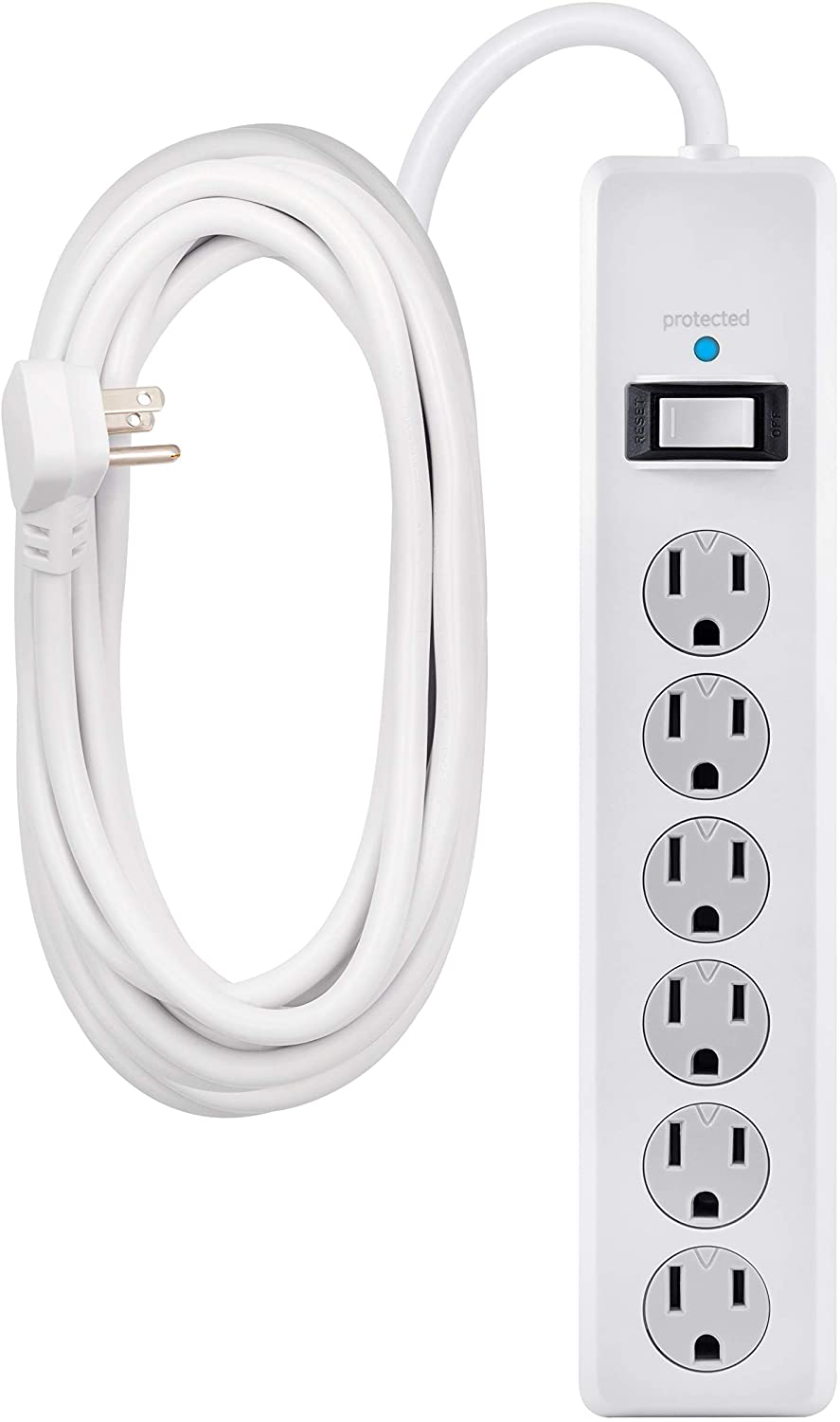 GE 6 Outlet Surge Protector, 10 Ft Extension Cord, Power Strip, 800 Joules, Flat Plug, Twist-to-Close Safety Covers, White, 14092