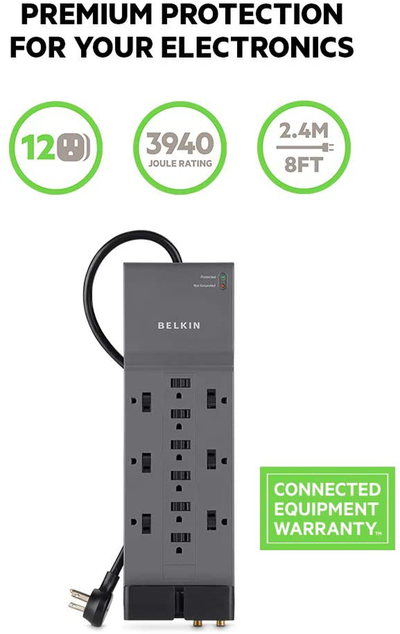 Belkin Power Strip Surge Protector Long Flat Plug Heavy Duty Extension Cord for Home, Office, Travel, Computer Desktop, Laptop & Phone Charging Brick (3,940 Joules)