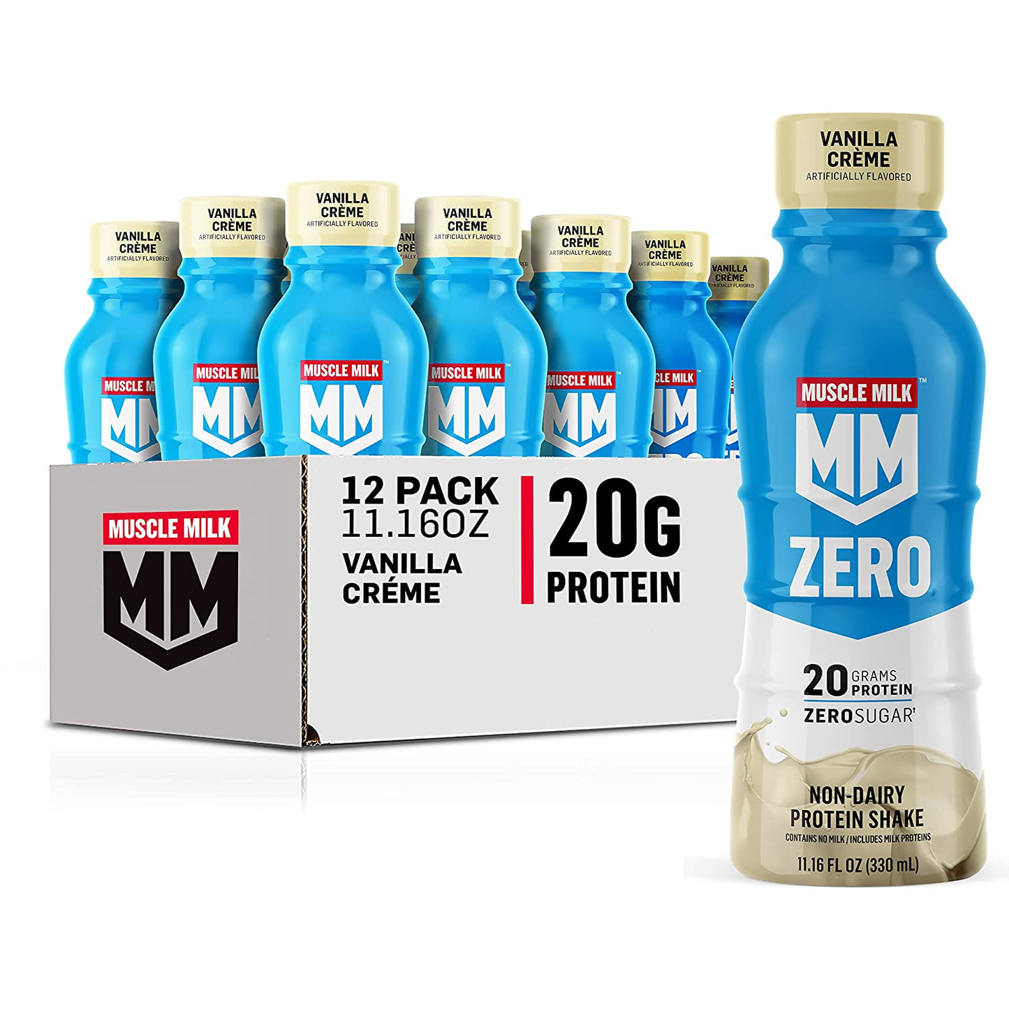 Muscle Milk Zero Protein Shake, Vanilla Crème, 11.16 Fl Oz Bottle, 12 Pack, 20G Protein, Zero Sugar, 100 Calories, Calcium, Vitamins A, C & D, 4G Fiber, Energizing Snack, Workout Recovery, Packaging May Vary