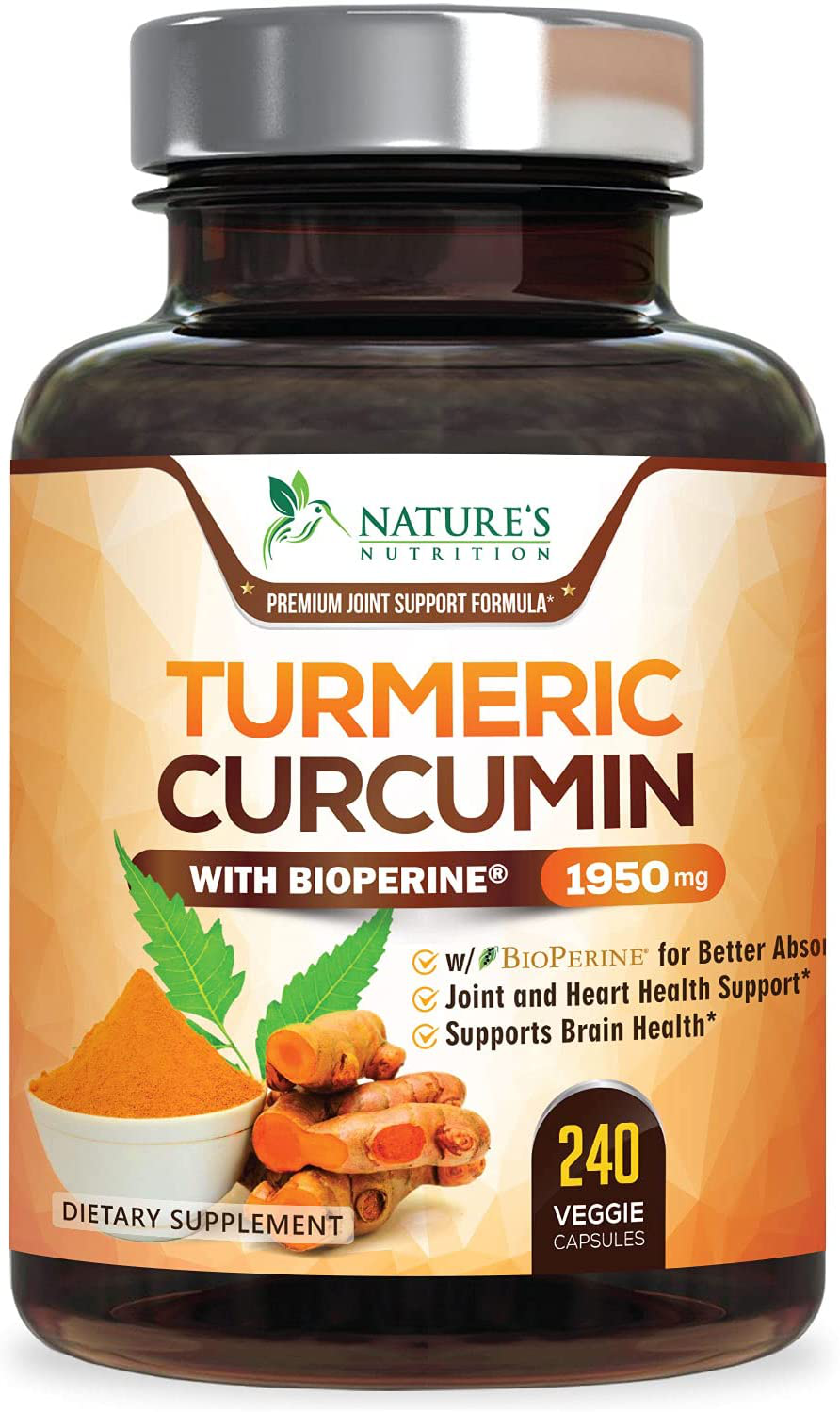 Turmeric Curcumin Highest Potency 95% Curcuminoids 1950mg with BioPerine Black Pepper for Ultra High Absorption, Made in USA, Best Vegan Joint Support by Natures Nutrition