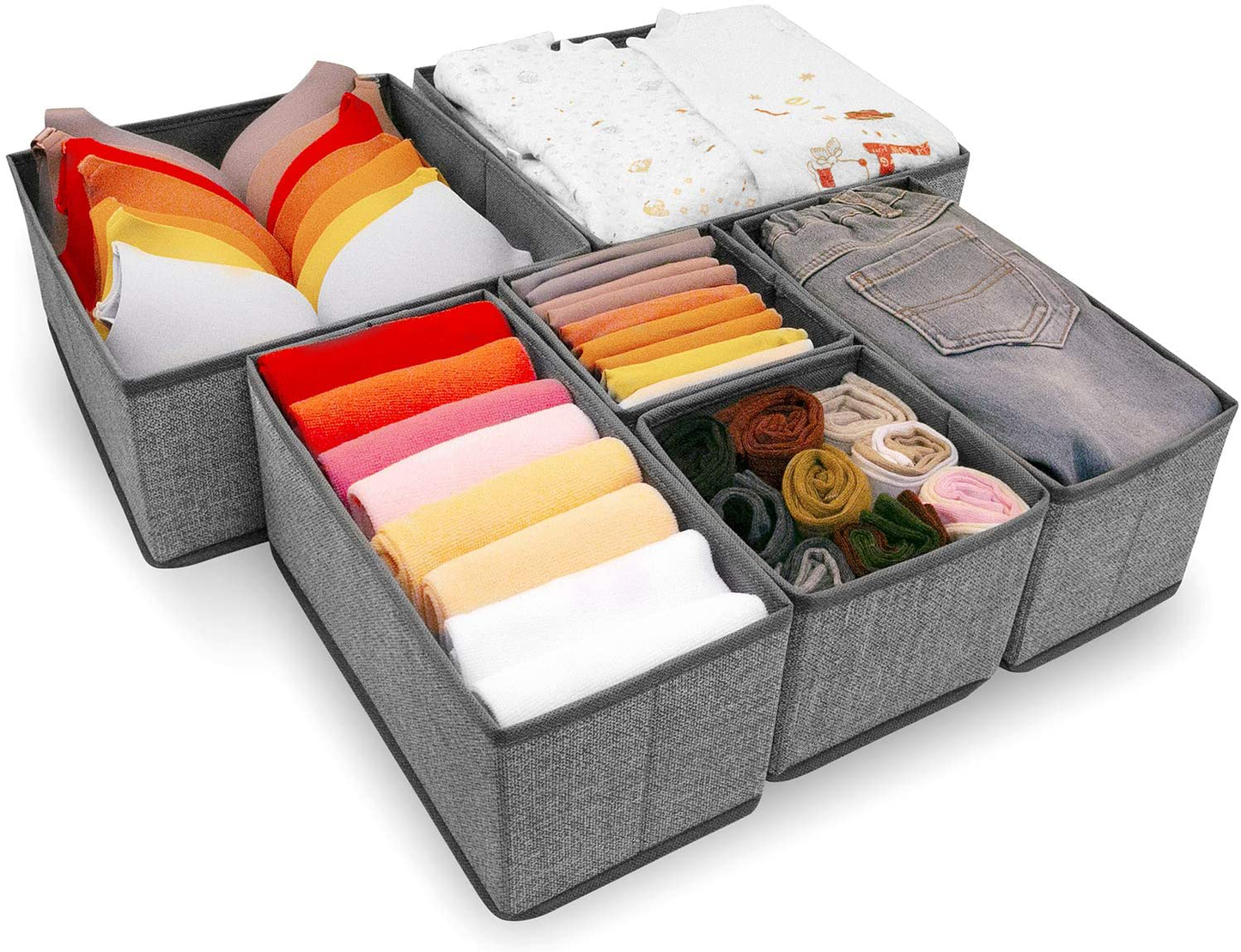 Criusia Underwear Drawer Organizer, 6 Set Foldable Underwear Drawer Organizer and Closet Dividers,Storage Box for Clothes, Socks, Underwear (6 Bins, Gray)