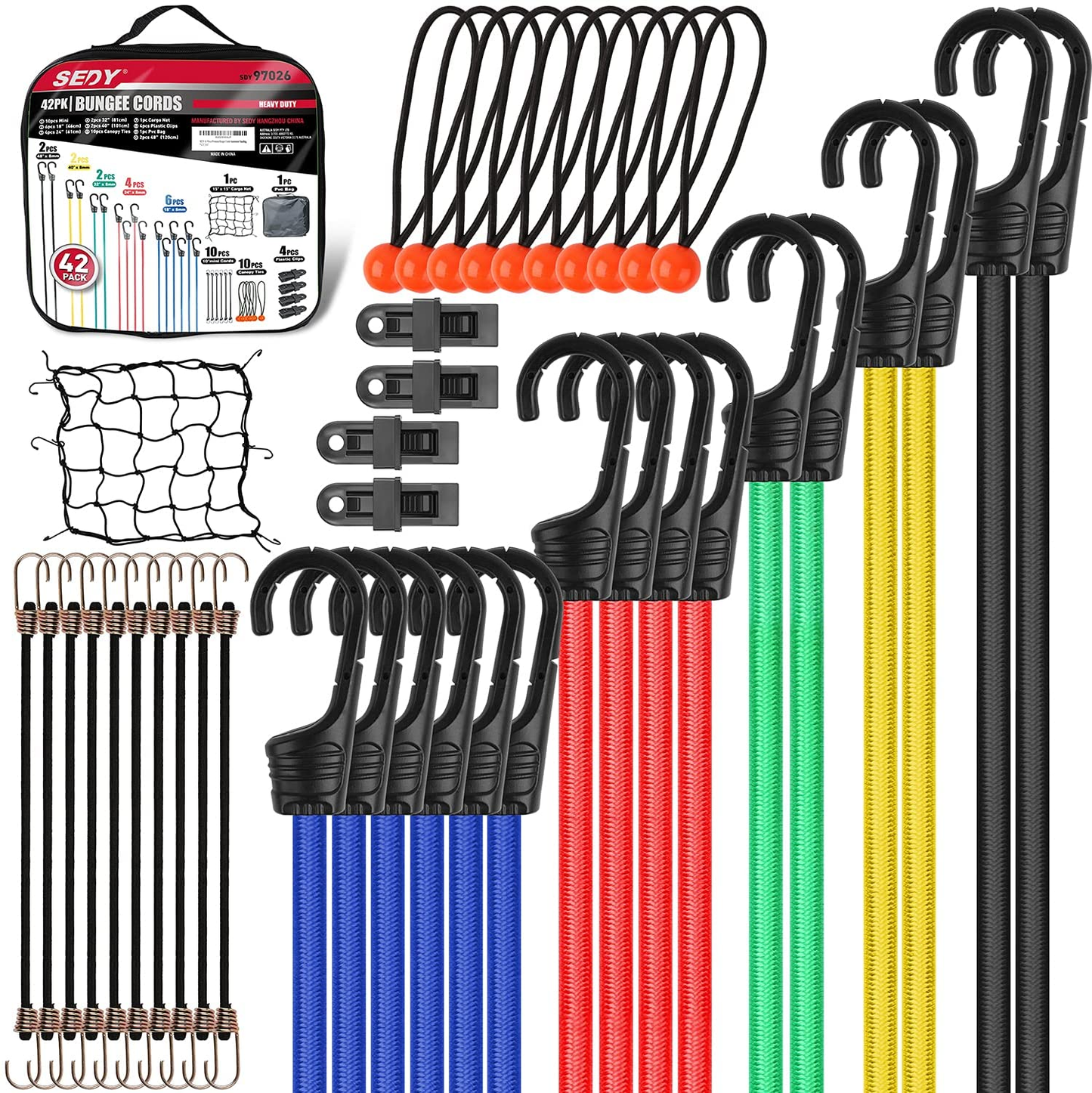 30-Pieces Premium Bungee Cords Assortment Jar, Includes 10β, 18β, 24β, 32β, 40β Bungee Cords & 8β Canopy/Tarp Ball Ties & 4 Crocodile Mouth Tarp Clips