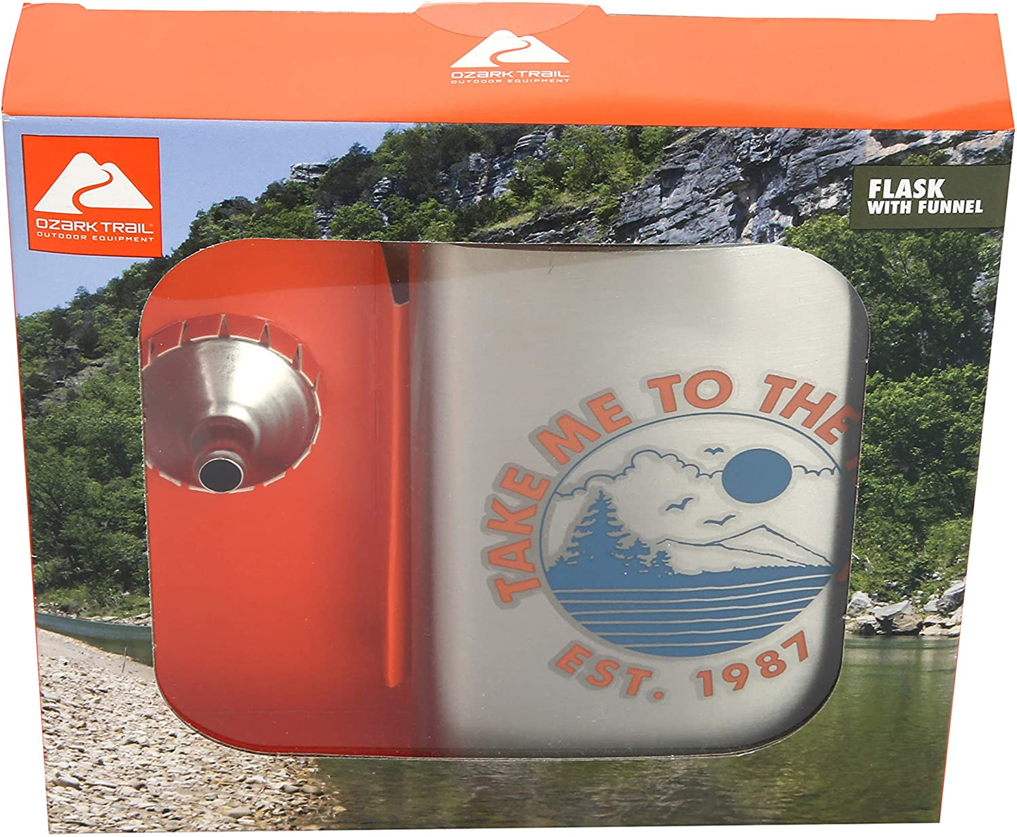 TUGG Ozark Trail 7.5Oz Stainless Steel Flask with Attached Cap and Easy-Pour Funnel (Take Me to the Trail)