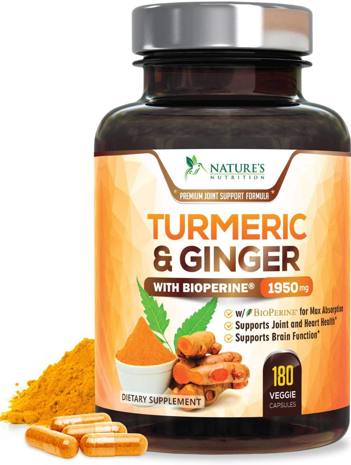 Turmeric Curcumin with BioPerine & Ginger 95% Curcuminoids 1950mg - Black Pepper for Absorption, Made in USA, Natural Immune Support, Turmeric Ginger Supplement by Natures Nutrition