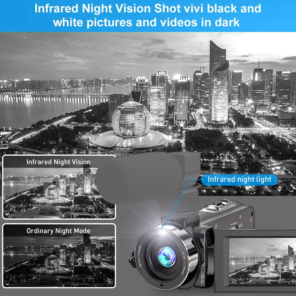 Video Camera Camcorder FHD 1080P 30FPS 36MP IR Night Vision YouTube Vlogging Camera Recorder 3.0'' 270 Degree Rotation IPS Screen 16X Digital Zoom Camcorder with Remote and 2 Batteries