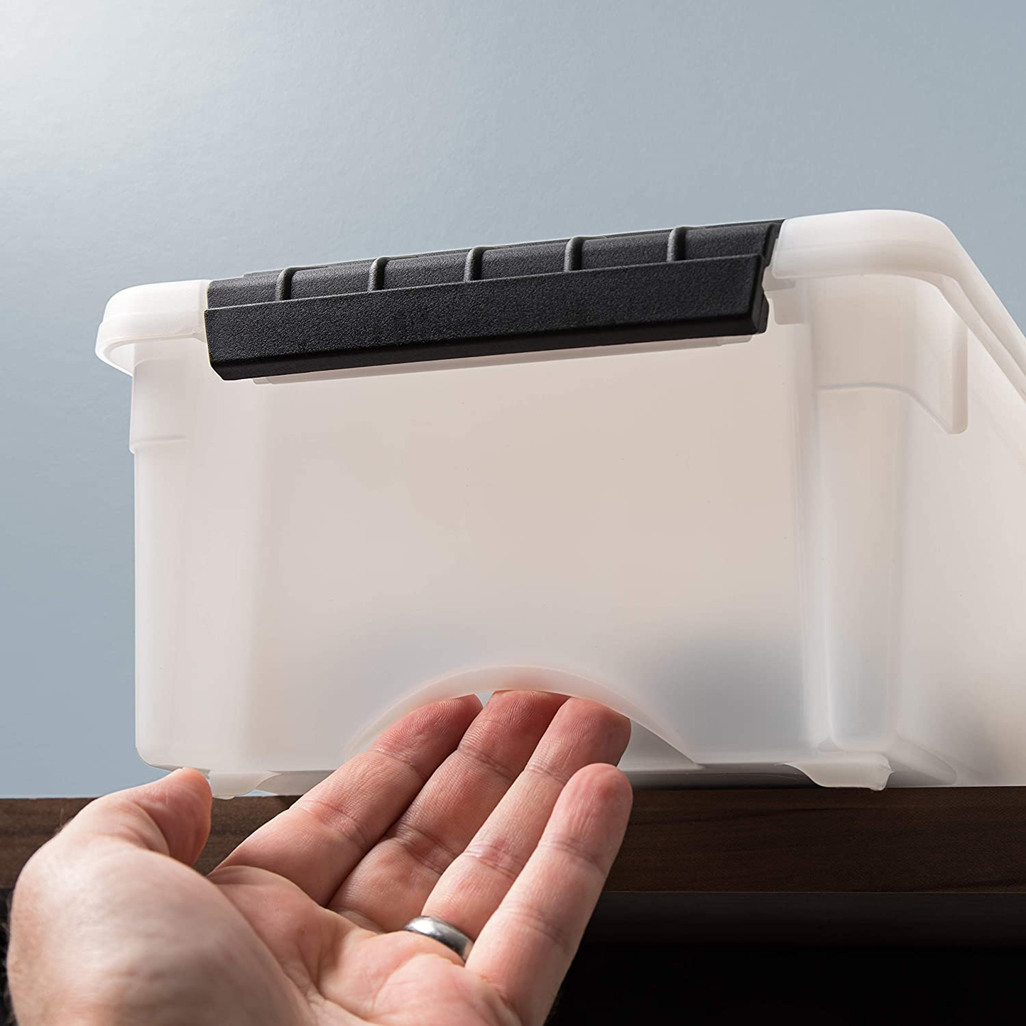 IRIS USA TB Pearl Plastic Storage Bin Tote Organizing Container with Durable Lid and Secure Latching Buckles, 19 Qt, 6 Count