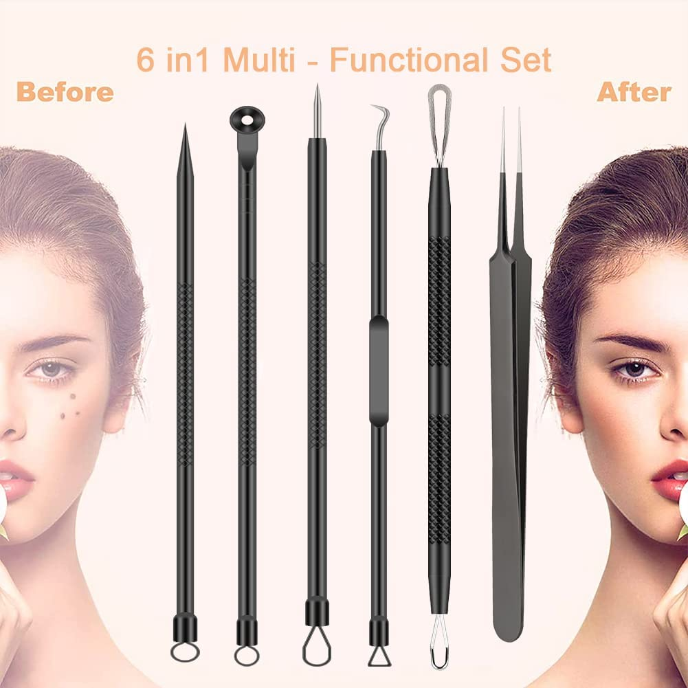 Pimple Popper Tool Kit , 6 Pcs Blackhead Remover Acne Needle Tools Set Removing Treatment Comedone Whitehead Popping Zit for Nose Face Skin Blemish Extractor Tool - Black