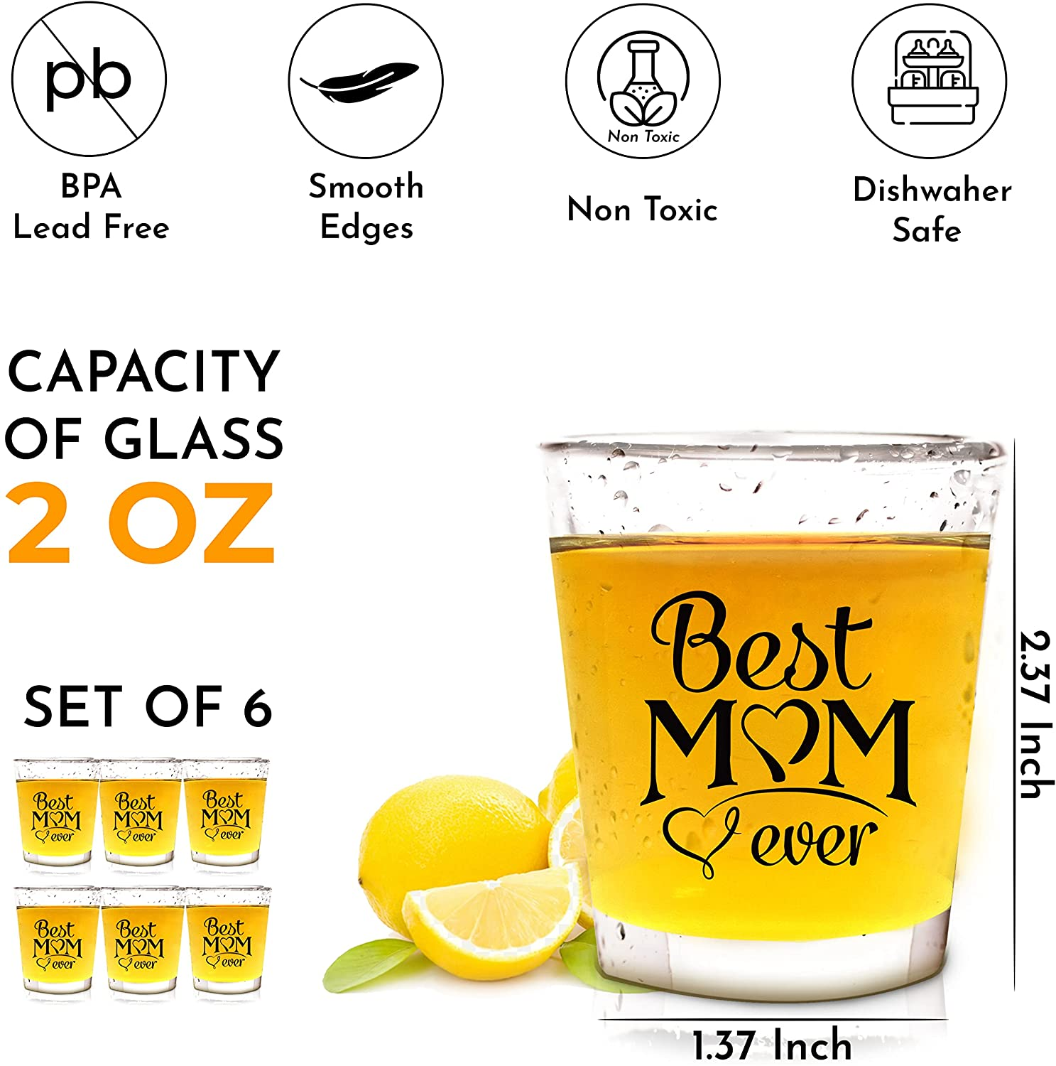 Best Mom Shot Glasses Gift - "Best Mom Ever" - Unique Novelty Present for Mother’S Day, Birthday, Anniversary – Ideal Present for Mom, Wife, New Mom - 2 Oz - Set of 6 - with Gift Box - by Bisyata