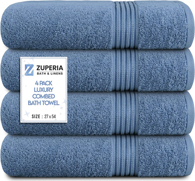Bath Towels 27" X 54" Set of 4 Ultra Soft 600 GSM 100% Combed Cotton Large Towels for Bathroom, Highly Absorbent Daily Usage Bath Towel Set Ideal for Pool, Home, Gym, Spa, Hotel (Blue)