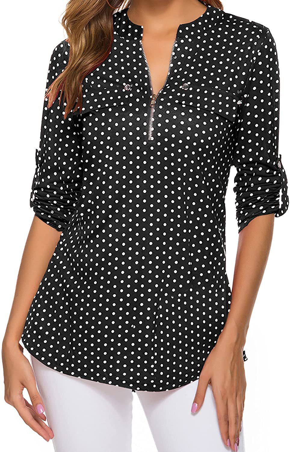 LuckyMore Womens V Neck Zip Cuffed Sleeve Flowy Business Casual Work Tunic Tops Shirts Blouse