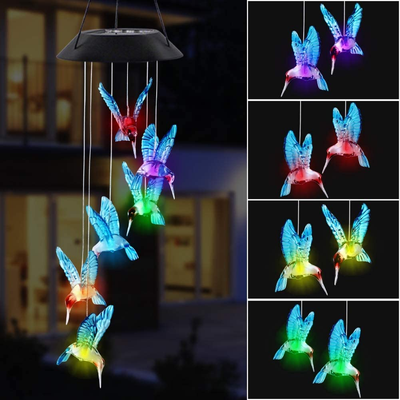 LED Solar Hummingbird Wind Chime, 25" Mobile Hanging Wind Chime for Home Garden Decoration, Automatic Light Changing Color(Hummingbird)