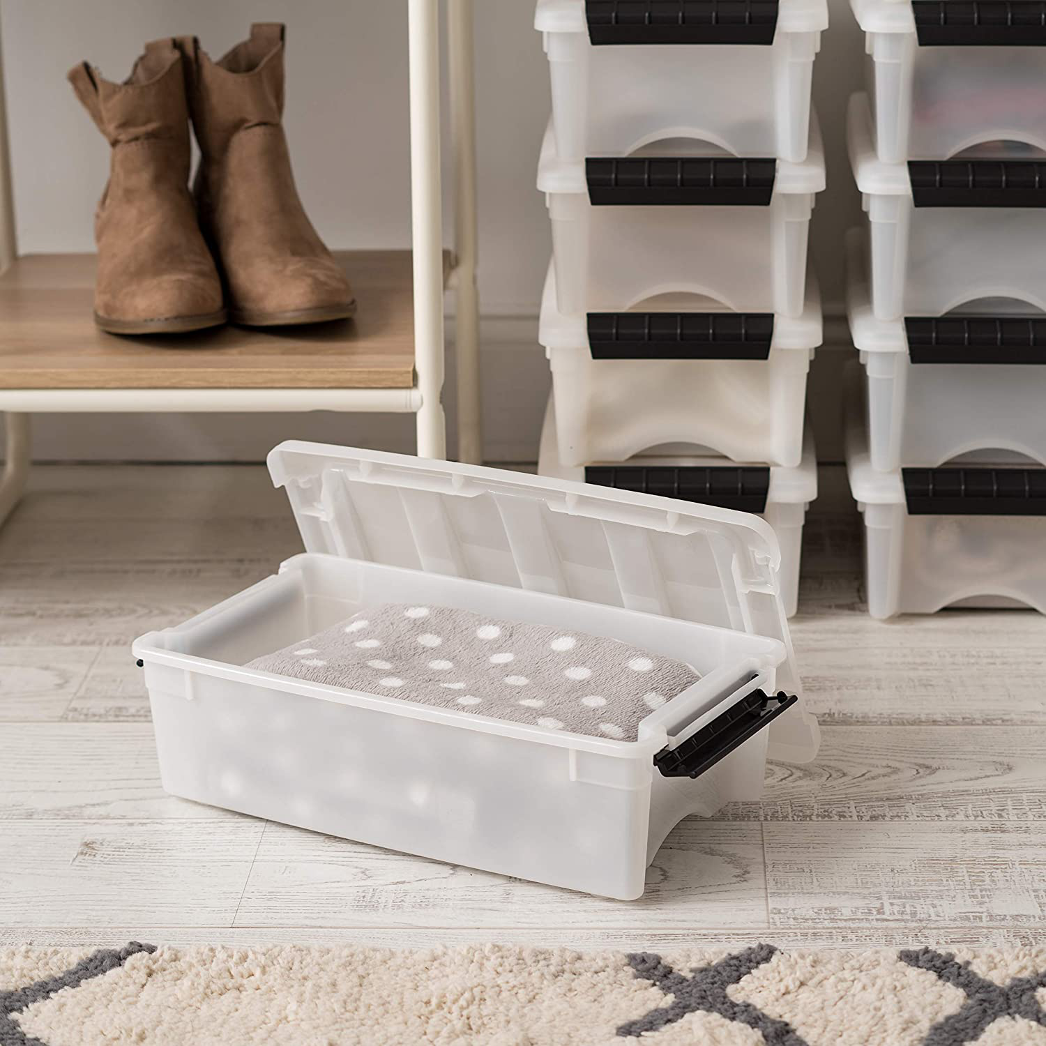 IRIS USA TB Pearl Plastic Storage Bin Tote Organizing Container with Durable Lid and Secure Latching Buckles, 19 Qt, 6 Count