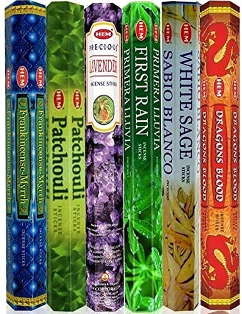 Six Most Popular Hem Incense Scents of All Time, 120 Sticks Total, with Free Burner - 20 Sticks Each of Dragon S Blood, Frankincense & Myrrh, Patchouli, Precious Lavender, First Rain, and White Sage
