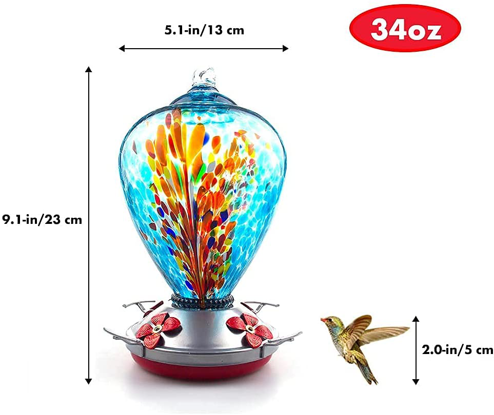 Muse Garden Hummingbird Feeder for Outdoors, Hand Blown Glass, 34 Ounces, Containing Ant Moat, Comet