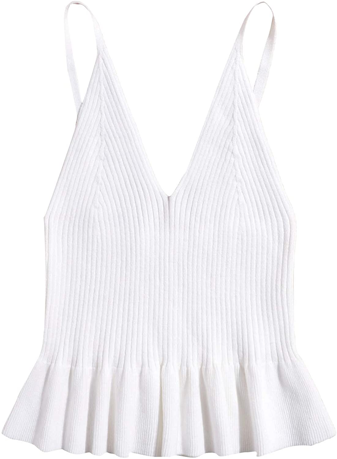 SweatyRocks Women's Casual Knit Top Sleeveless Ruffle Hem V Neck Peplum Crop Tank Top