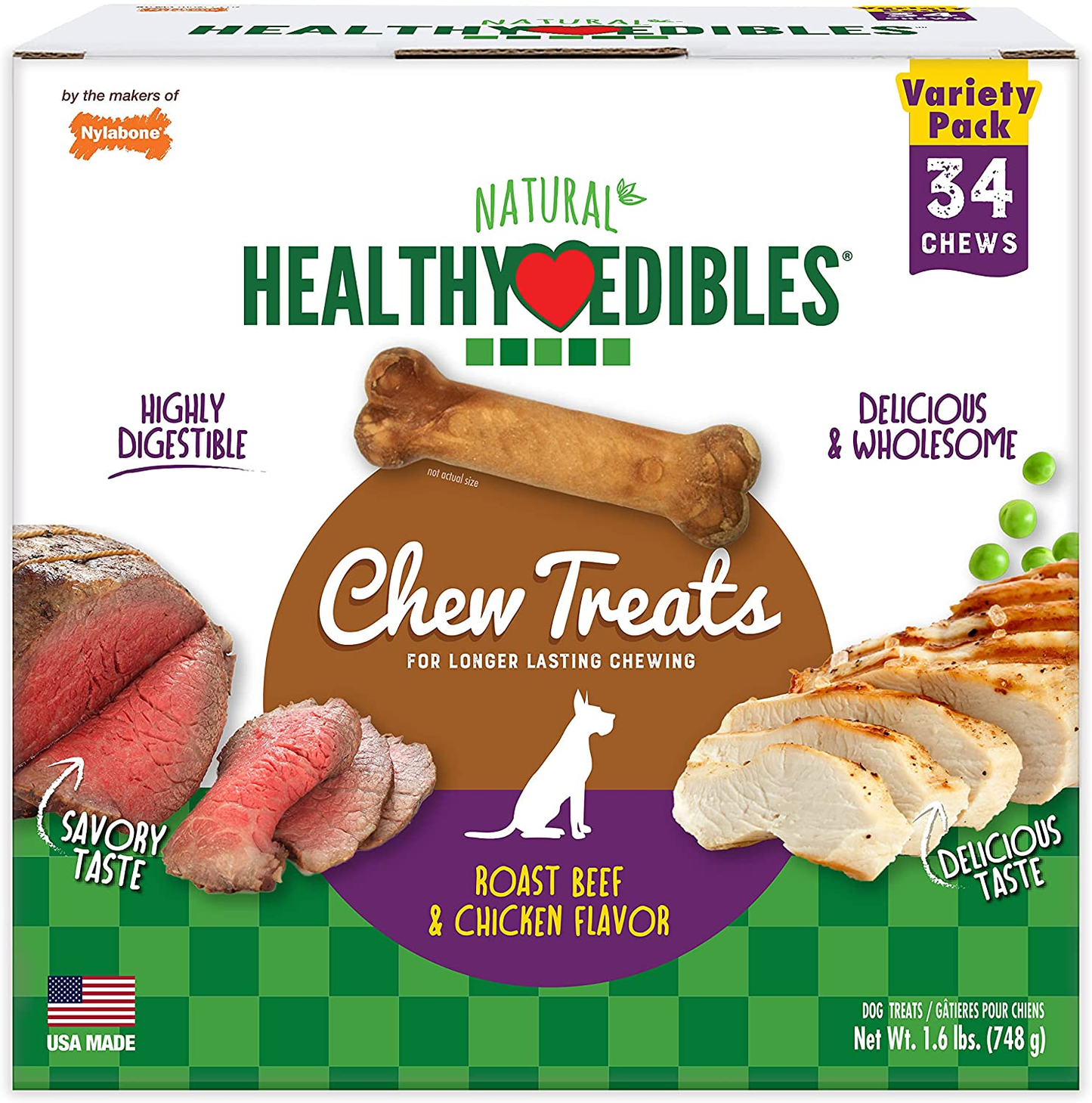 Nylabone Healthy Edibles All-Natural Long Lasting Bacon Flavor Chew Treats 3 Count Bacon Small/Regular