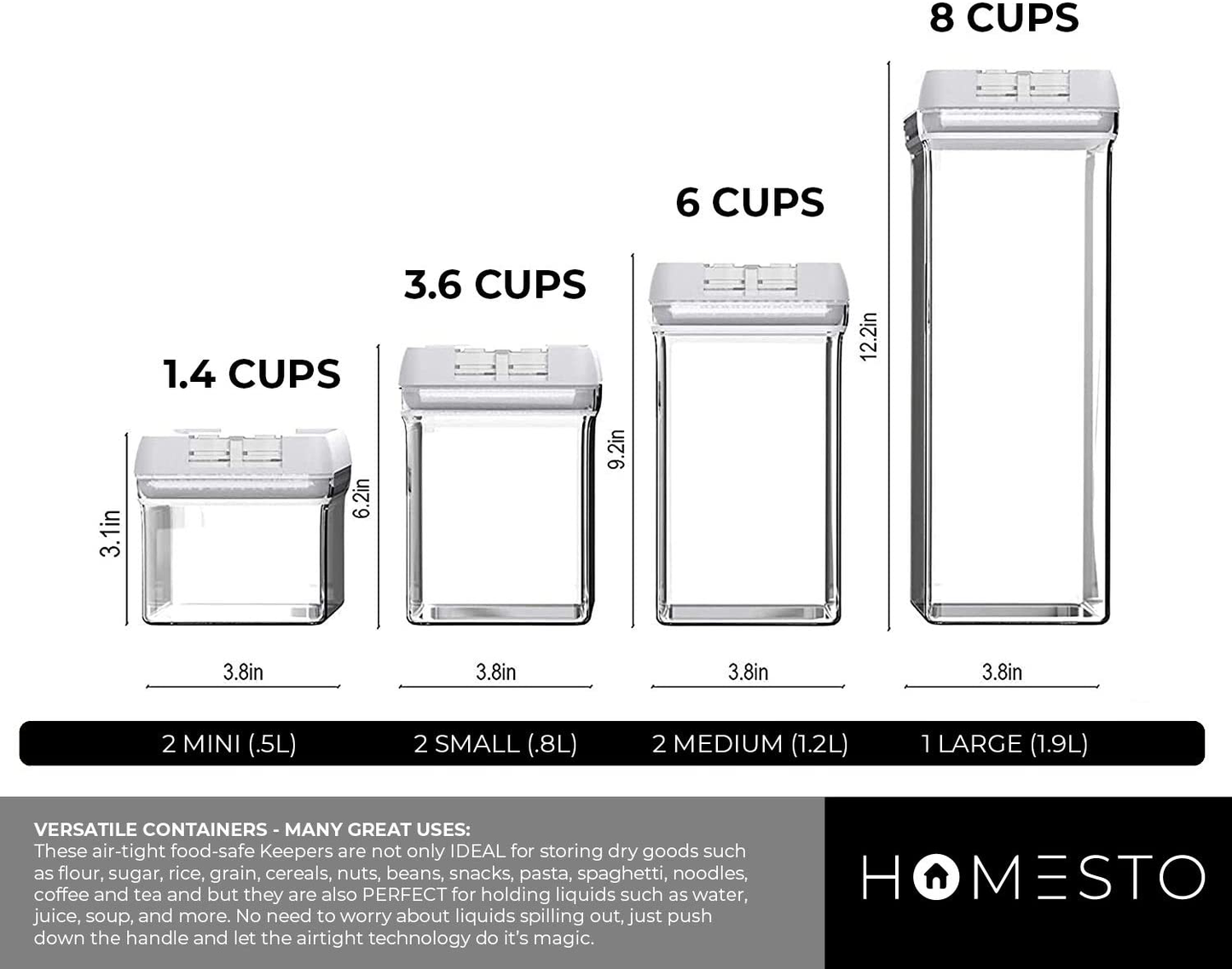 HOMESTO Airtight Food Storage Container Set - BPA-Free - Kitchen Pantry Organization for Flour, Cereal with Improved Lids (7 Piece)