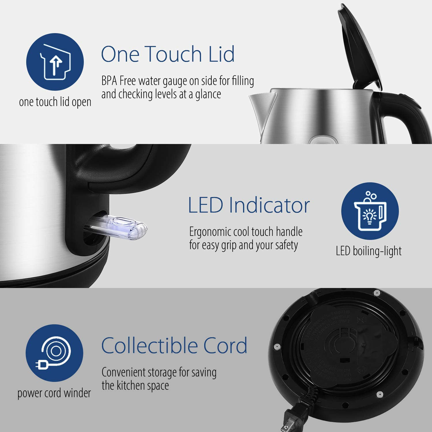 Stainless Steel Cordless Electric Kettle. 1500W Fast Boil with LED Light, Auto Shut-Off and Boil-Dry Protection. 1.7 Liter