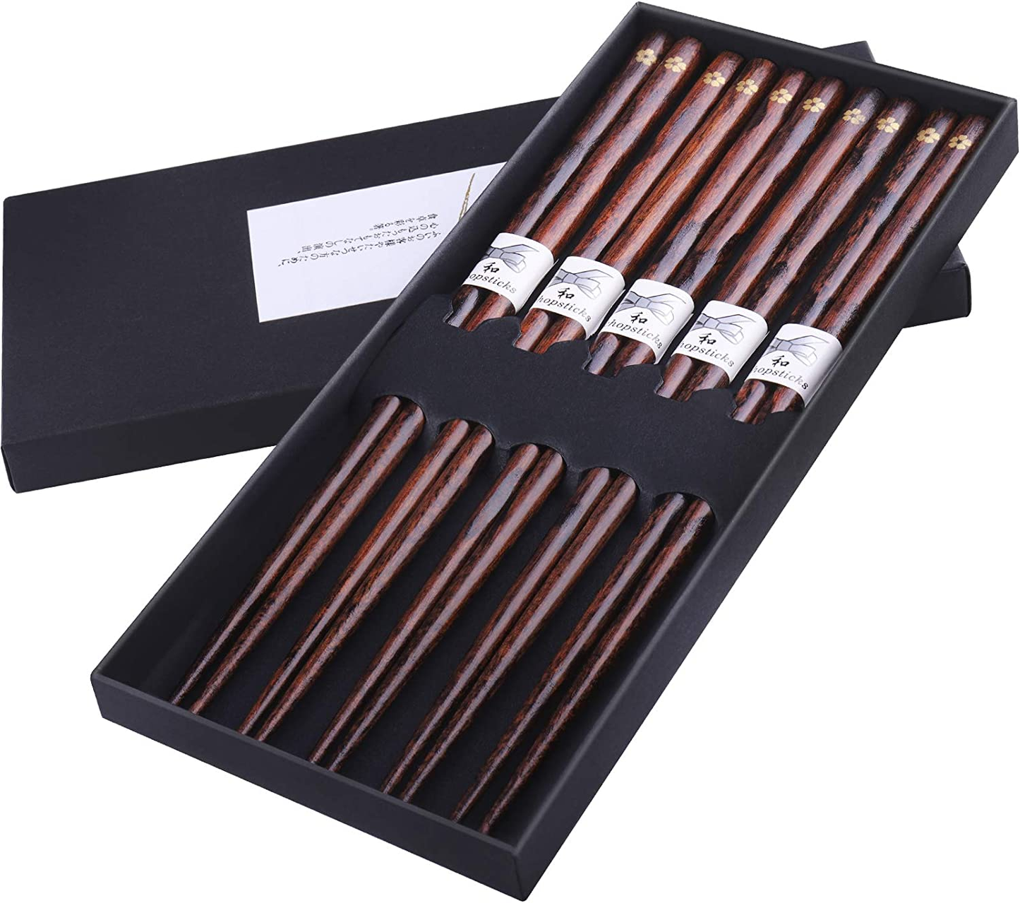 GLAMFIELDS Reusable Chopsticks Japanese Natural Wooden 5 Pairs Classic Style Lightweight Hand-Carved Safe Chop Sticks 8.8 Inch/22.5Cm Gift Set