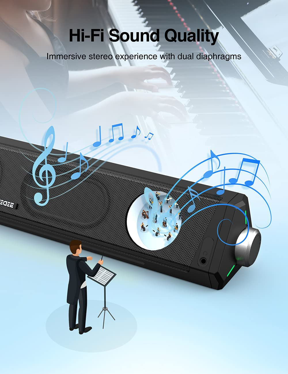 Computer Speakers, Dynamic RGB Computer Sound Bar, Hifi Stereo Bluetooth 5.0 & 3.5Mm Aux-In Connection, USB Powered Computer Speakers for Desktop, PC, Laptop, Tablets