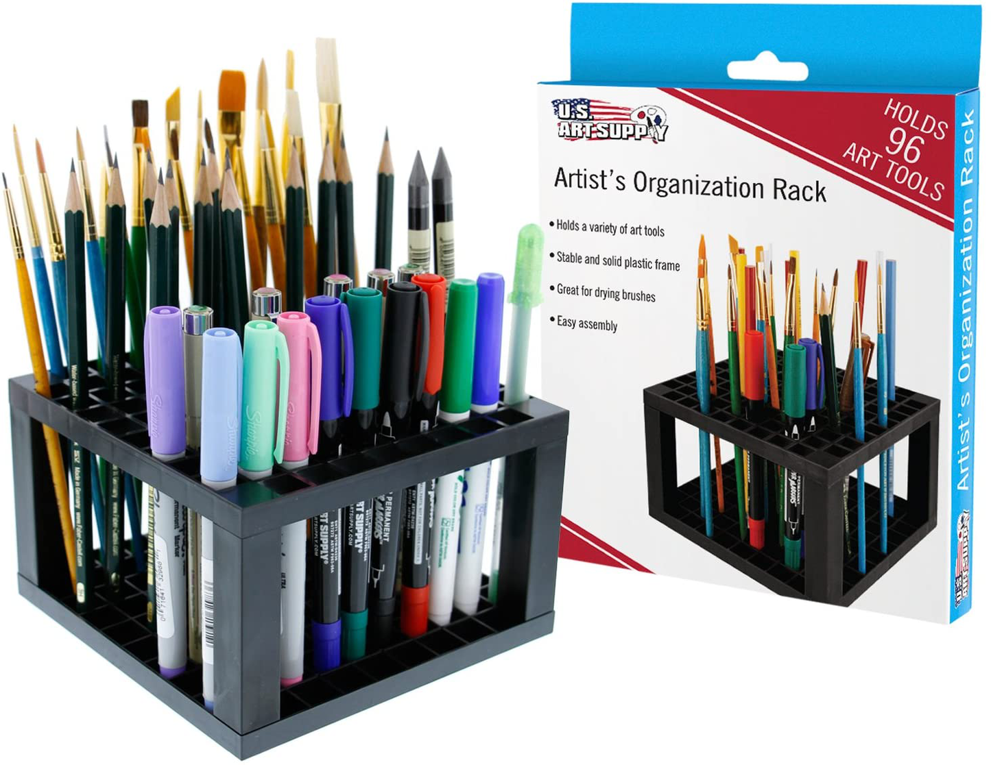 Plastic Organization Rack Pencil, Brush & Supply Holder - Desk Stand Holding Rack for Pens, Paint Brushes, Colored Pencils, Markers