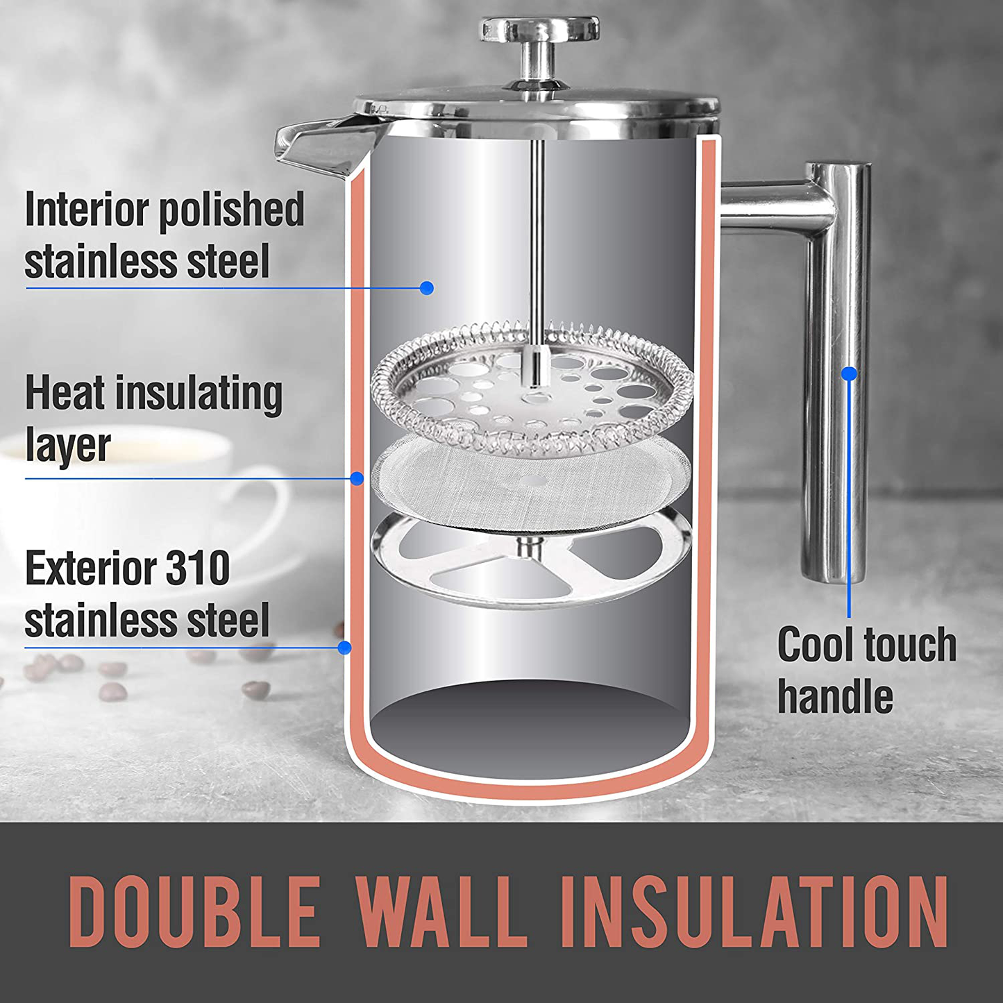 Mueller French Press Double Insulated 304 Stainless Steel Coffee Maker 4 Level Filtration System, No Coffee Grounds, Rust-Free, Dishwasher Safe