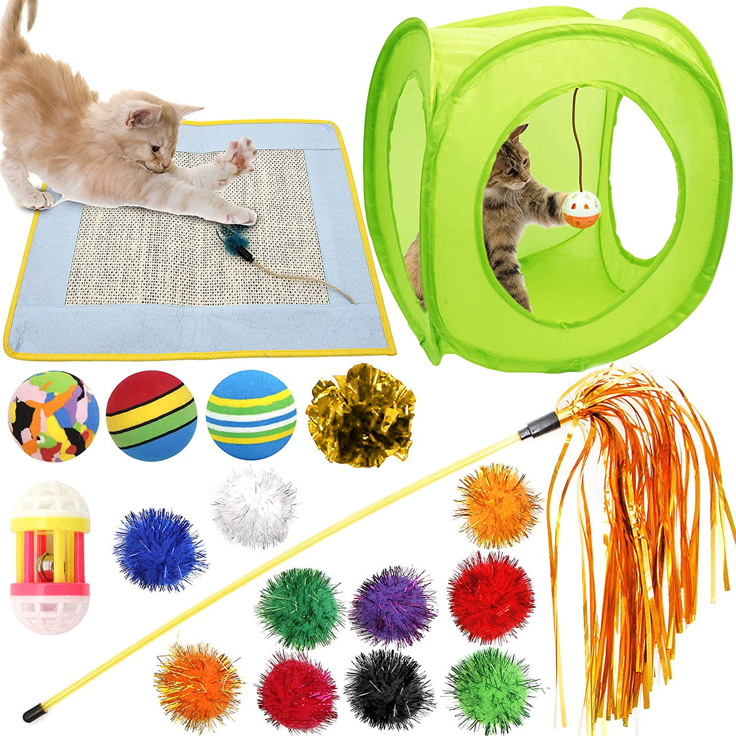 18 Pcs Cat & Kitten Toys Assortments, Cat Teaser Wand, Interactive Bell Toy, Sparkle Balls