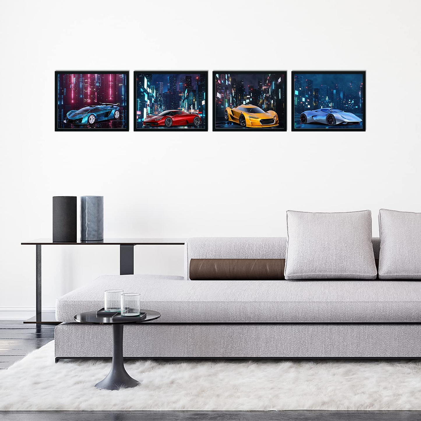 Car Wall Art, Car Poster, Car Posters for Boys Room - Set of 4 (10"x8") Car Wall Decor, Car Decor for Boys Room, Kids Room Decor For Boys - UNFRAMED Boys Room Wall Decor - Cyber City Theme