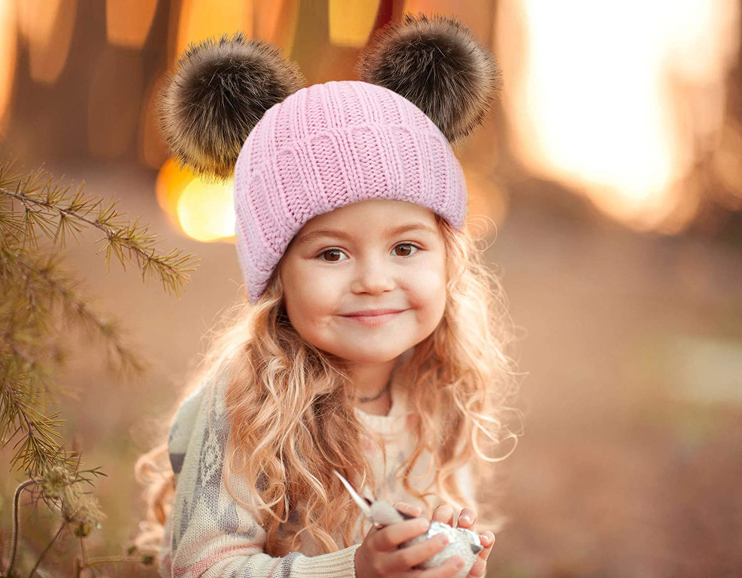 Simplicity Warm Kids Boys Girls Winter Hat with Pompom Ears Elastic Knitted Toddler Beanie Hats for Girls Boys