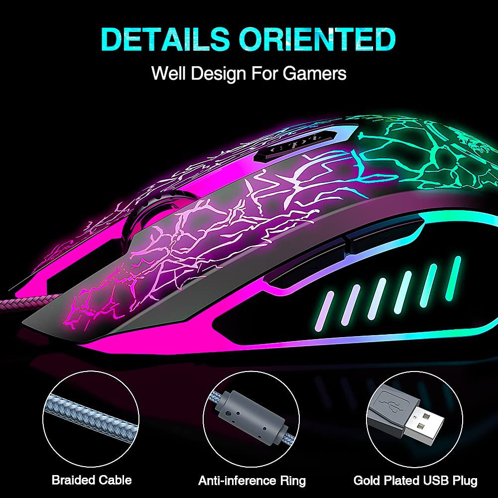 BENGOO Gaming Mouse Wired, USB Optical Computer Mice with RGB Backlit, 4 Adjustable DPI Up to 3600, Ergonomic Gamer Laptop PC Mouse with 6 Programmable Buttons for Windows 7/8/10/XP Vista Linux -Black