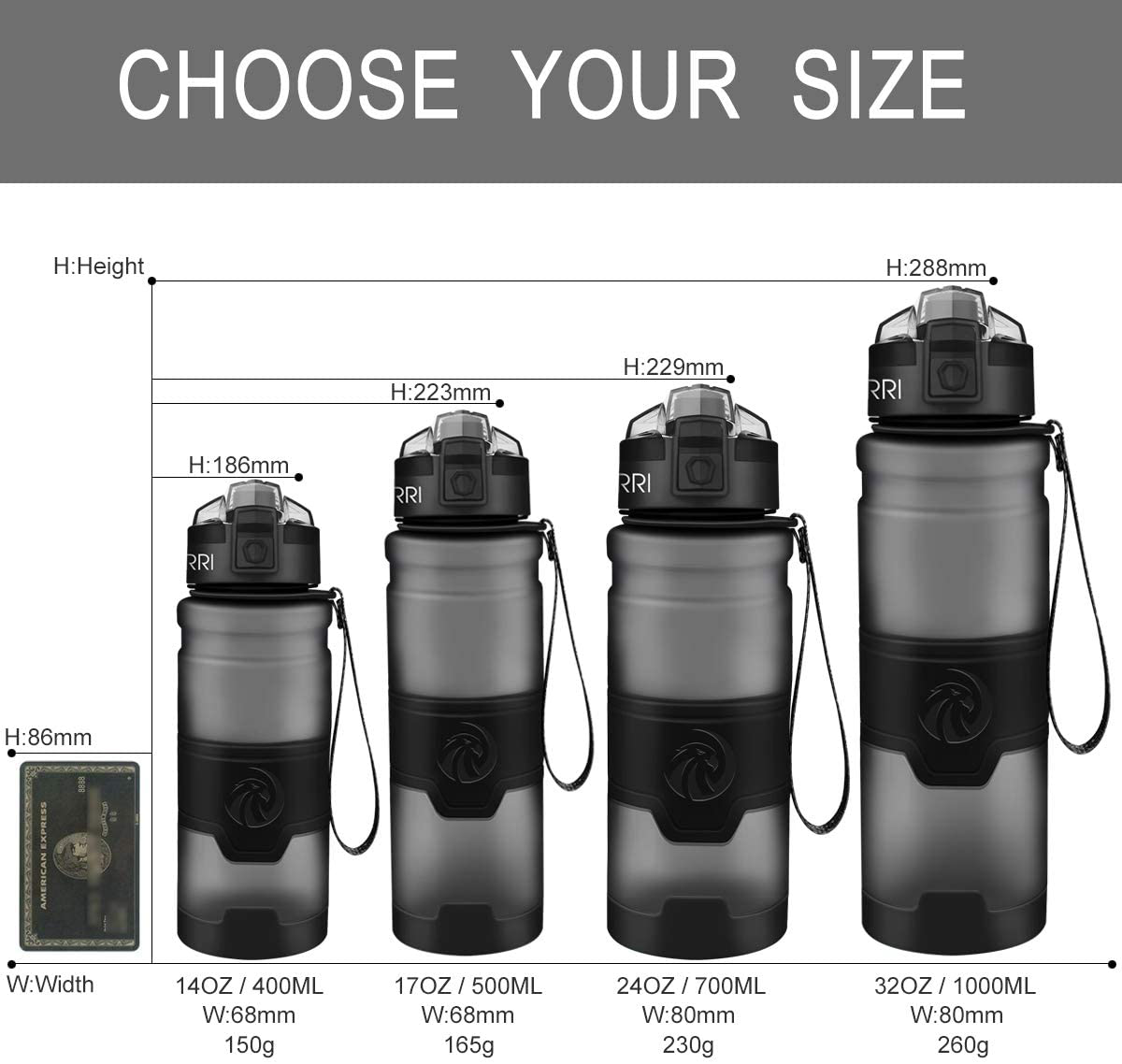 ZORRI Sports Water Bottle, 400/500/700ml/1L, BPA Free Leak Proof Tritan Lightweight Bottles for Outdoors,Camping,Cycling,Fitness,Gym,Yoga- Kids/Adults Drink Bottles with Filter, Lockable Pop Open Lid