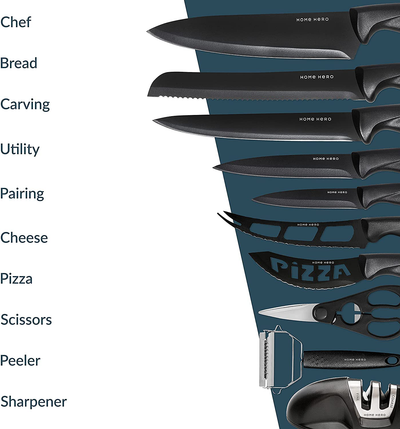 Home Hero 17 Pieces Kitchen Knives Set, 13 Stainless Steel Knives + Acrylic Stand, Scissors, Peeler and Knife Sharpener